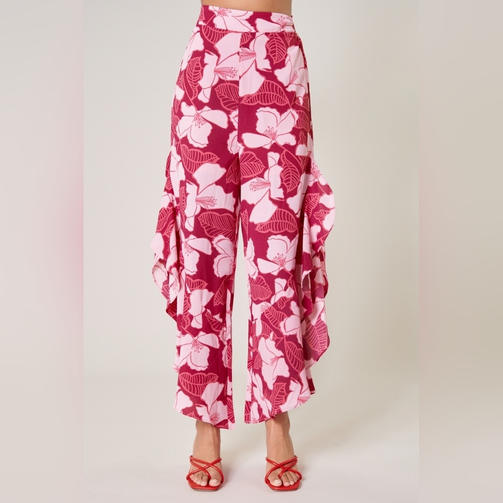 Sugarlips Floral Ginger Berry Ruffle Side Slit Pants (nwt) - Avail In Plus Size - Picture 3 of 6